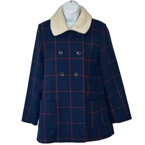 Preppy Wool Pea Coat S Blue Red Plaid Sherpa Collar Double Breasted Old Navy